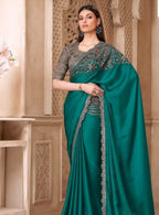 Teal Tussar Saree - drape and pallu detail