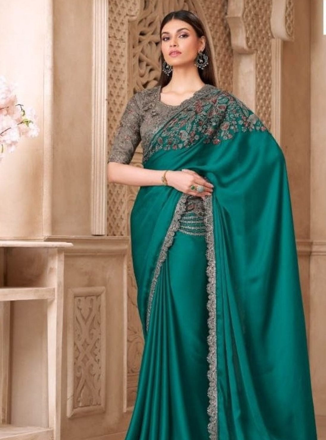 Teal Tussar Saree - drape and pallu detail
