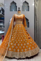 Yellow Faux Georgette Lehenga with Embroidered Dupatta for Bridal Fashion full drape view