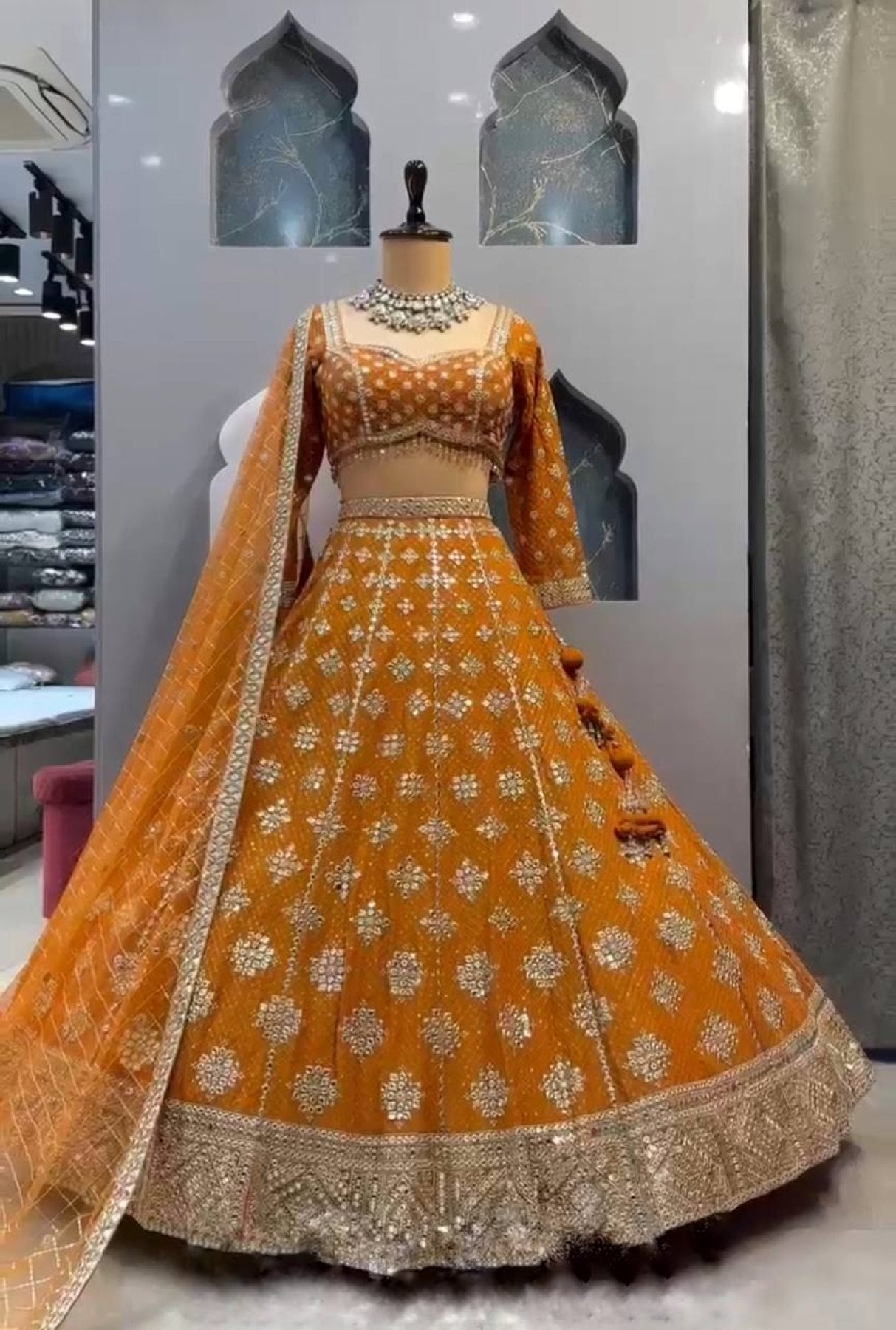 Yellow Faux Georgette Lehenga with Embroidered Dupatta for Bridal Fashion full drape view
