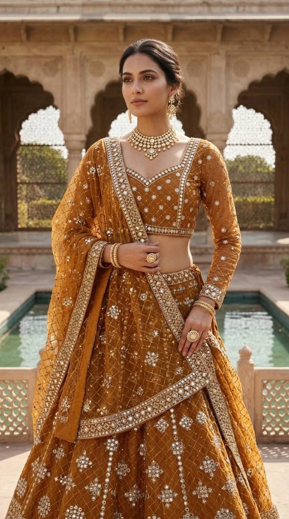 Yellow Faux Georgette Lehenga with Embroidered Dupatta for Bridal Fashion blouse and dupatta detail
