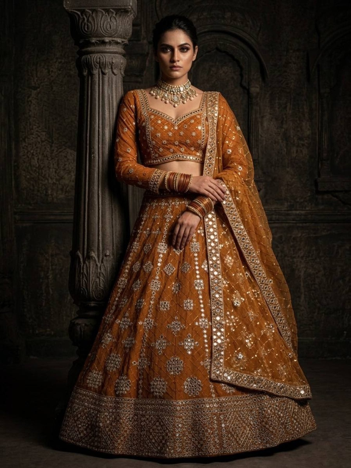 Yellow Faux Georgette Lehenga with Embroidered Dupatta for Bridal Fashion fabric texture detail