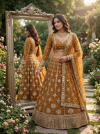 Yellow Faux Georgette Lehenga with Embroidered Dupatta for Bridal Fashion back view
