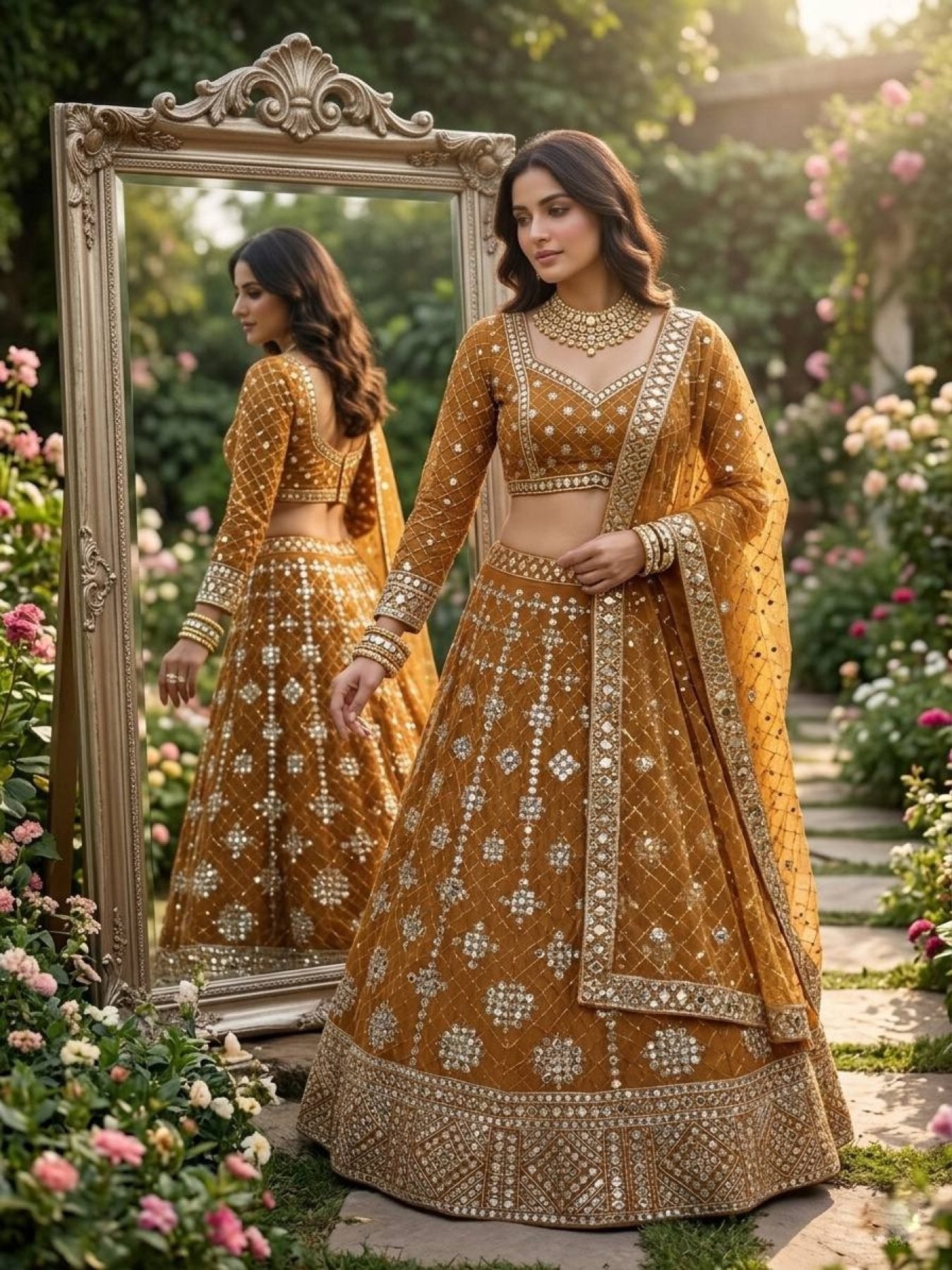 Yellow Faux Georgette Lehenga with Embroidered Dupatta for Bridal Fashion back view