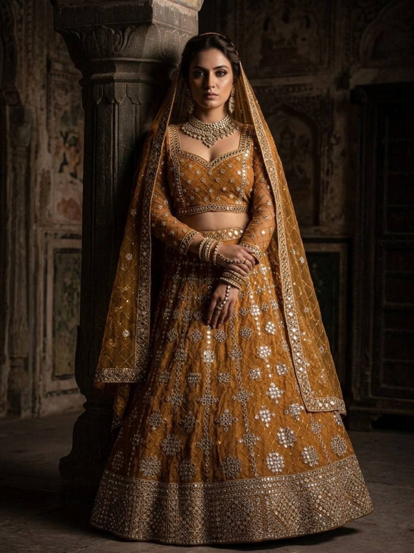 Yellow Faux Georgette Lehenga with Embroidered Dupatta for Bridal Fashion styling view