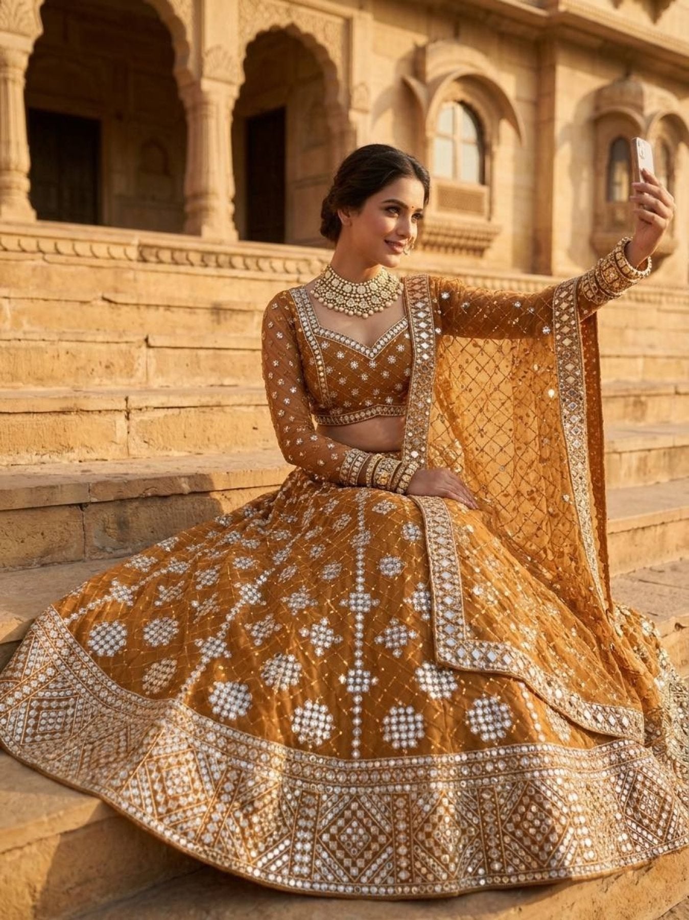 Yellow Faux Georgette Lehenga with Embroidered Dupatta for Bridal Fashion front view