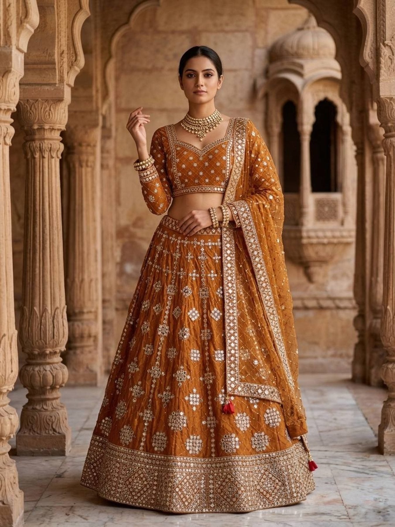 Yellow Faux Georgette Lehenga with Embroidered Dupatta for Bridal Fashion full drape view
