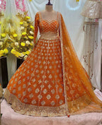Yellow Faux Georgette Lehenga with Embroidered Dupatta for Bridal Fashion embroidery close-up