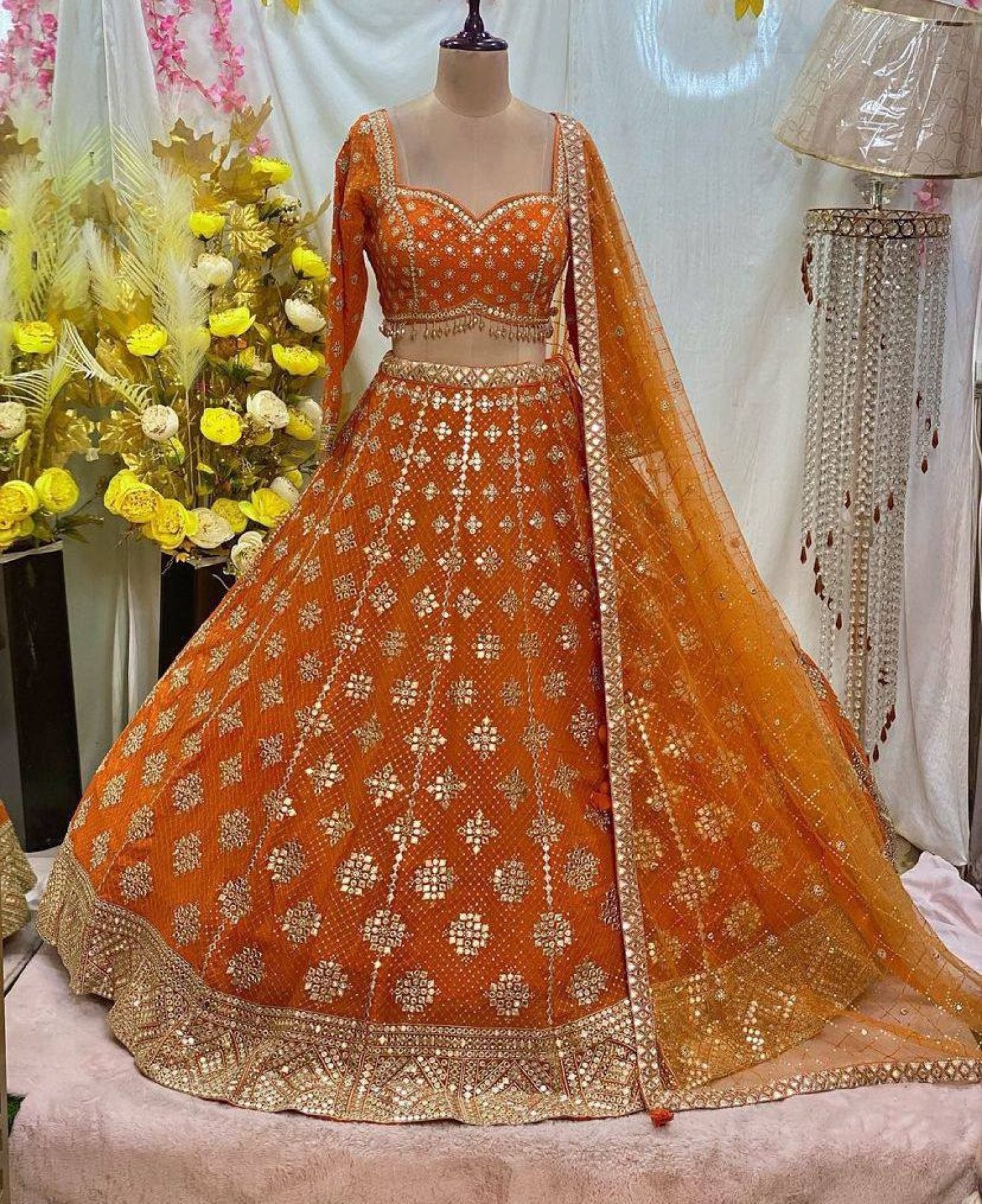 Yellow Faux Georgette Lehenga with Embroidered Dupatta for Bridal Fashion embroidery close-up