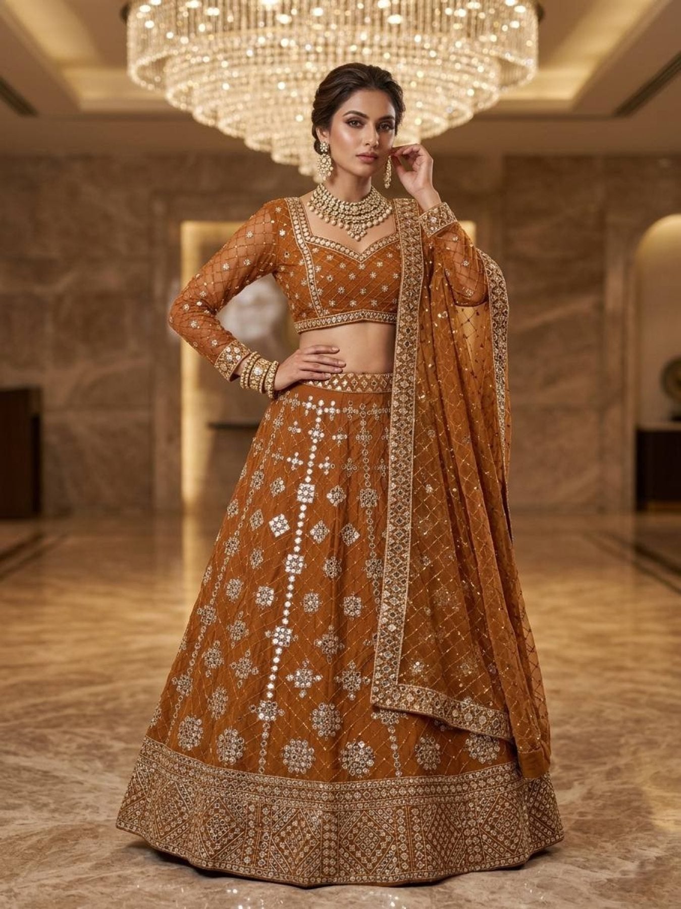Yellow Faux Georgette Lehenga with Embroidered Dupatta for Bridal Fashion back view