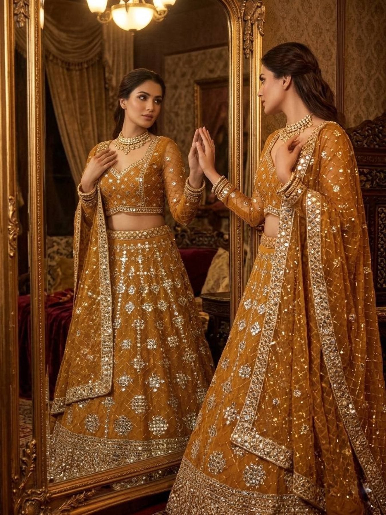 Yellow Faux Georgette Lehenga with Embroidered Dupatta for Bridal Fashion styling view