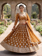 Yellow Faux Georgette Lehenga with Embroidered Dupatta for Bridal Fashion front view