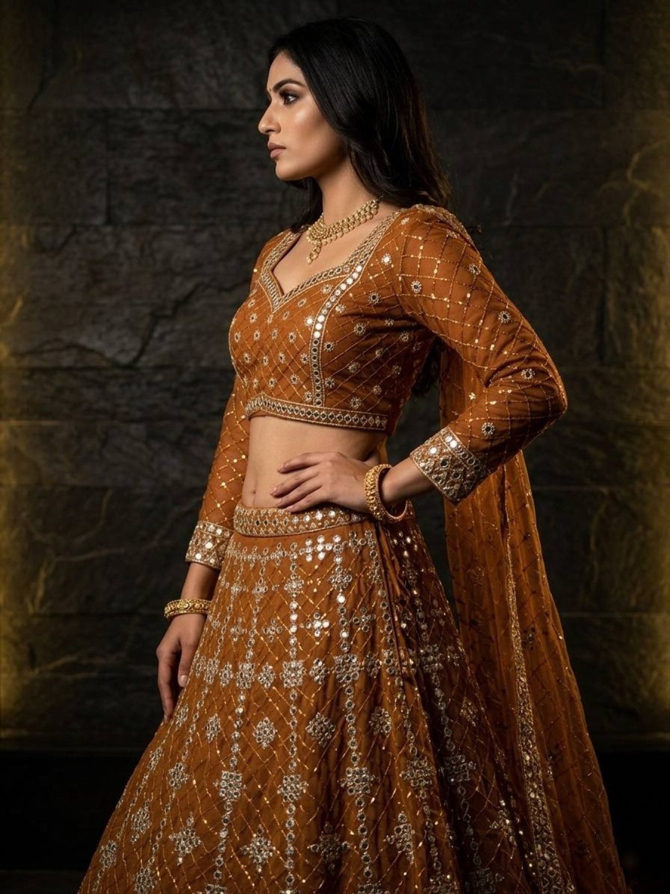 Yellow Faux Georgette Lehenga with Embroidered Dupatta for Bridal Fashion full drape view