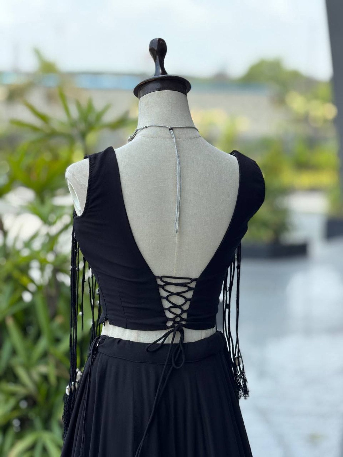 Black friendly Cotton Lehenga Choli with 8 Meter Flared Lehenga and Dori Blouse detailed view