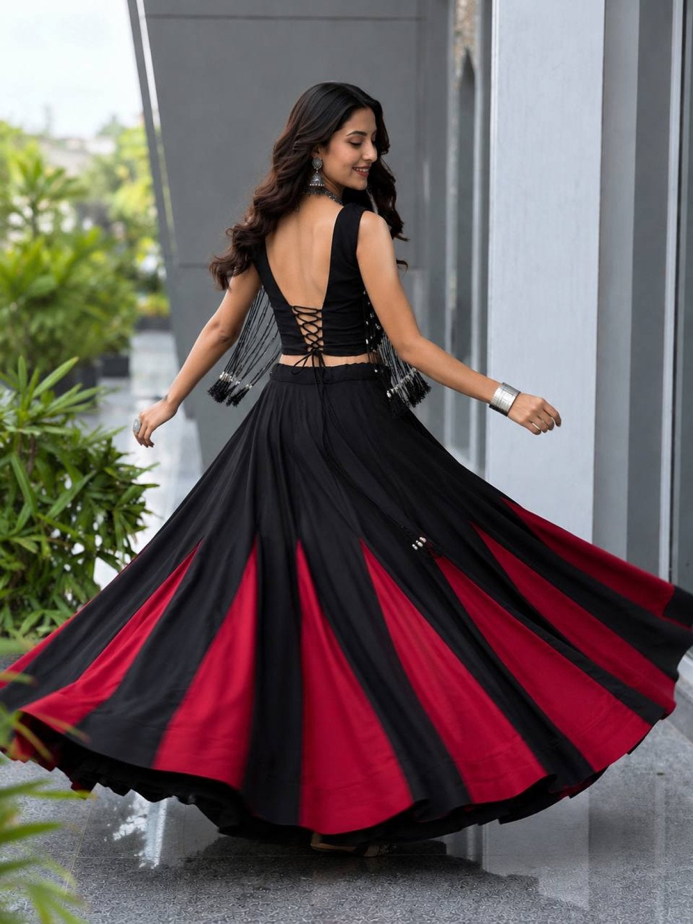 Black friendly Cotton Lehenga Choli with 8 Meter Flared Lehenga and Dori Blouse fabric texture detail