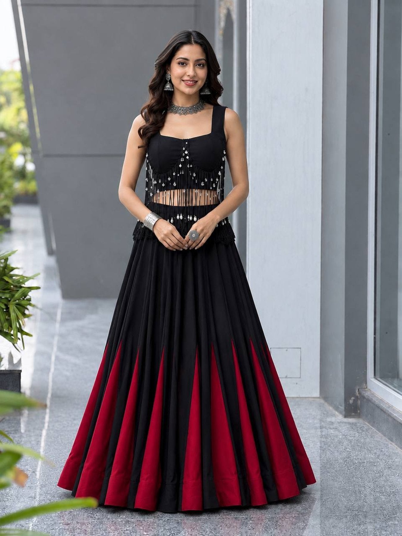 Black friendly Cotton Lehenga Choli with 8 Meter Flared Lehenga and Dori Blouse back view