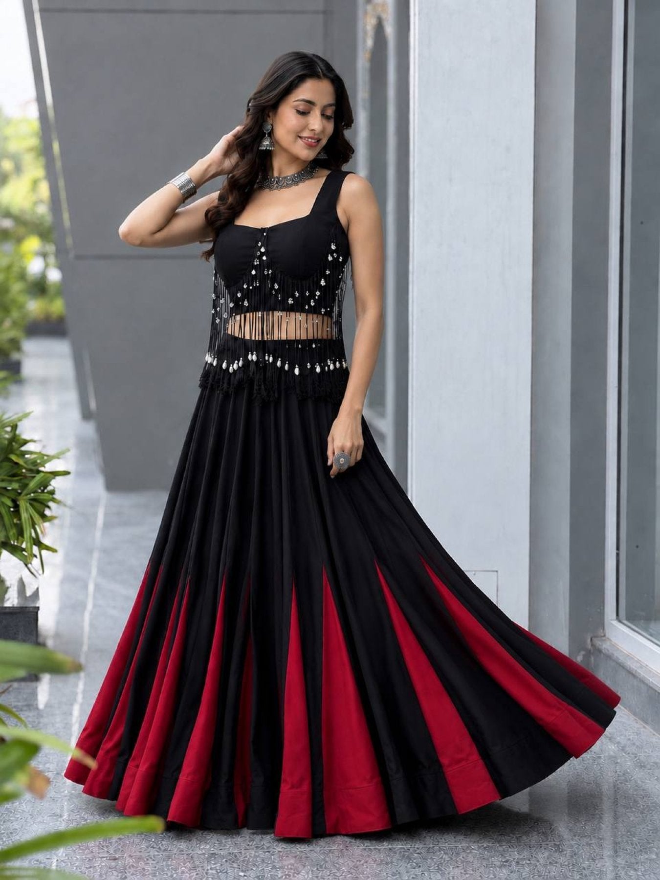 Black friendly Cotton Lehenga Choli with 8 Meter Flared Lehenga and Dori Blouse front view
