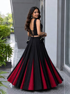 Black friendly Cotton Lehenga Choli with 8 Meter Flared Lehenga and Dori Blouse full drape view