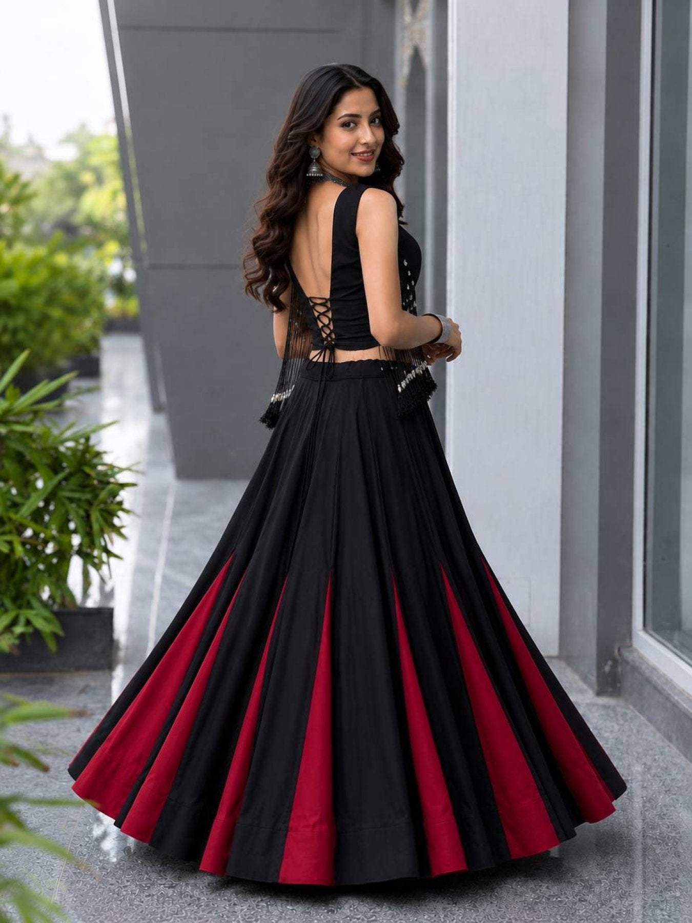 Black friendly Cotton Lehenga Choli with 8 Meter Flared Lehenga and Dori Blouse full drape view