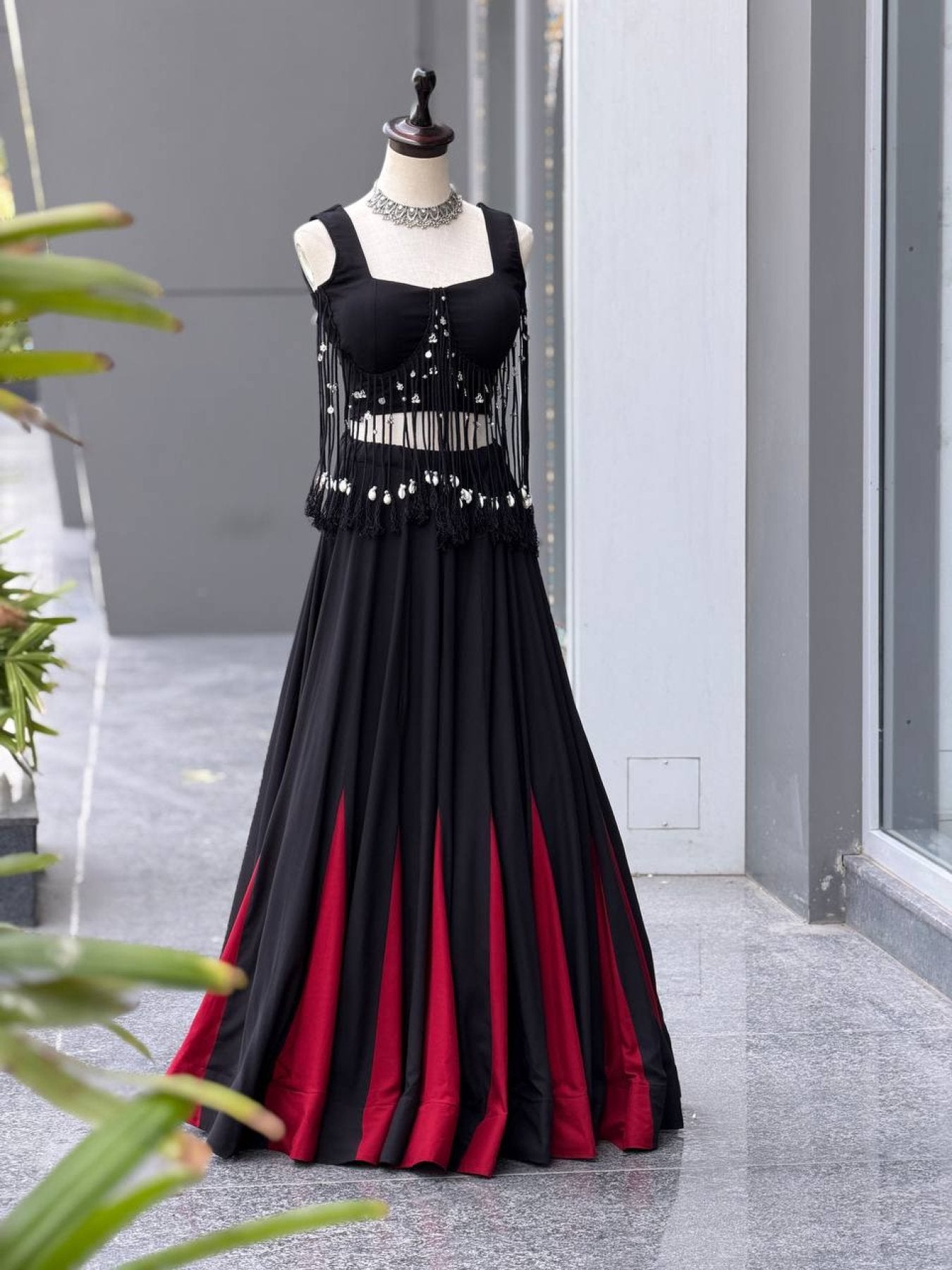 Black friendly Cotton Lehenga Choli with 8 Meter Flared Lehenga and Dori Blouse full drape view