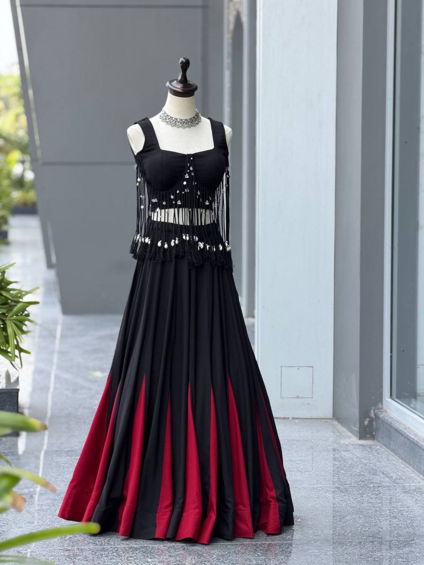 Black friendly Cotton Lehenga Choli with 8 Meter Flared Lehenga and Dori Blouse detailed view