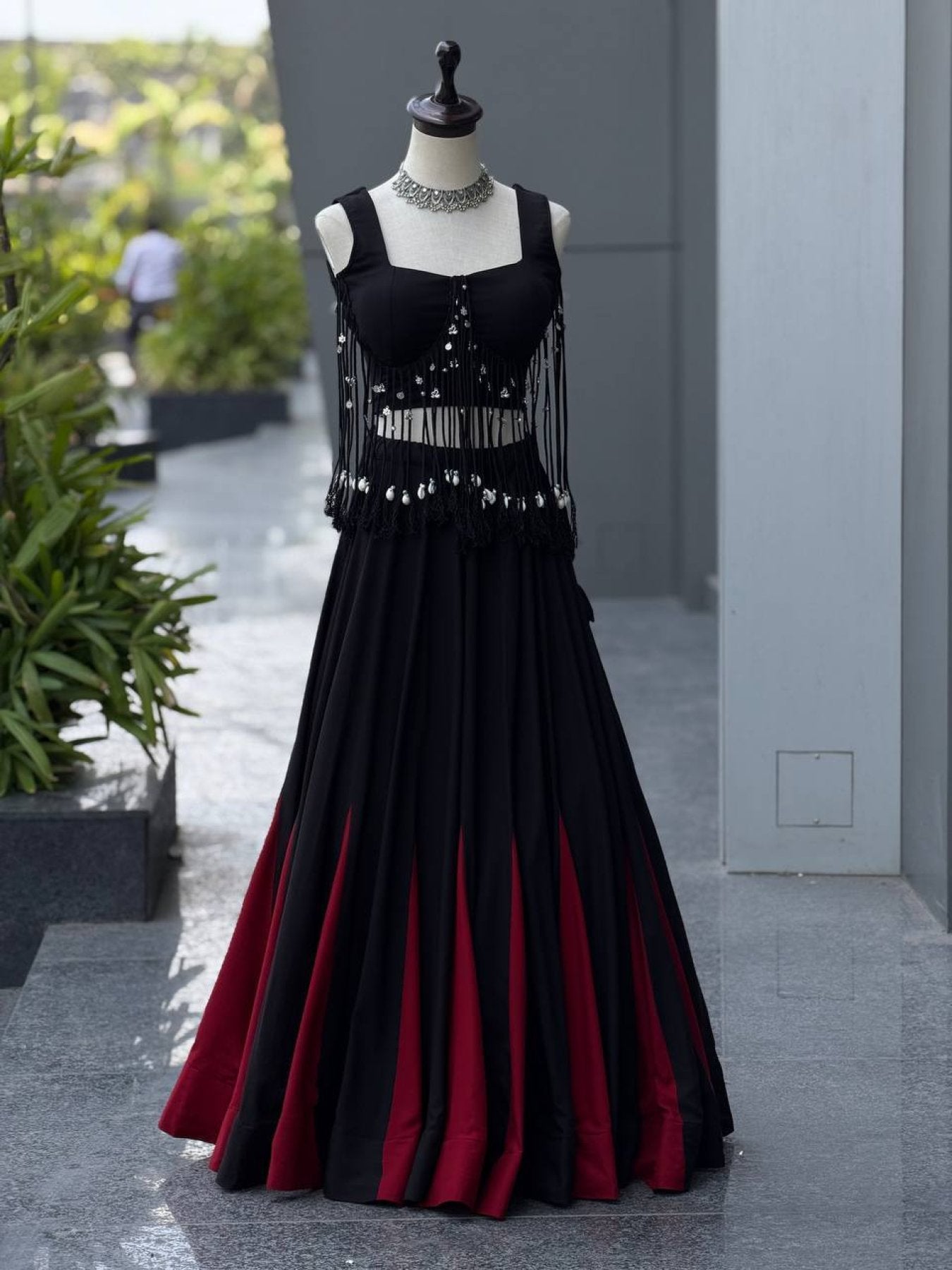 Black friendly Cotton Lehenga Choli with 8 Meter Flared Lehenga and Dori Blouse embroidery close-up
