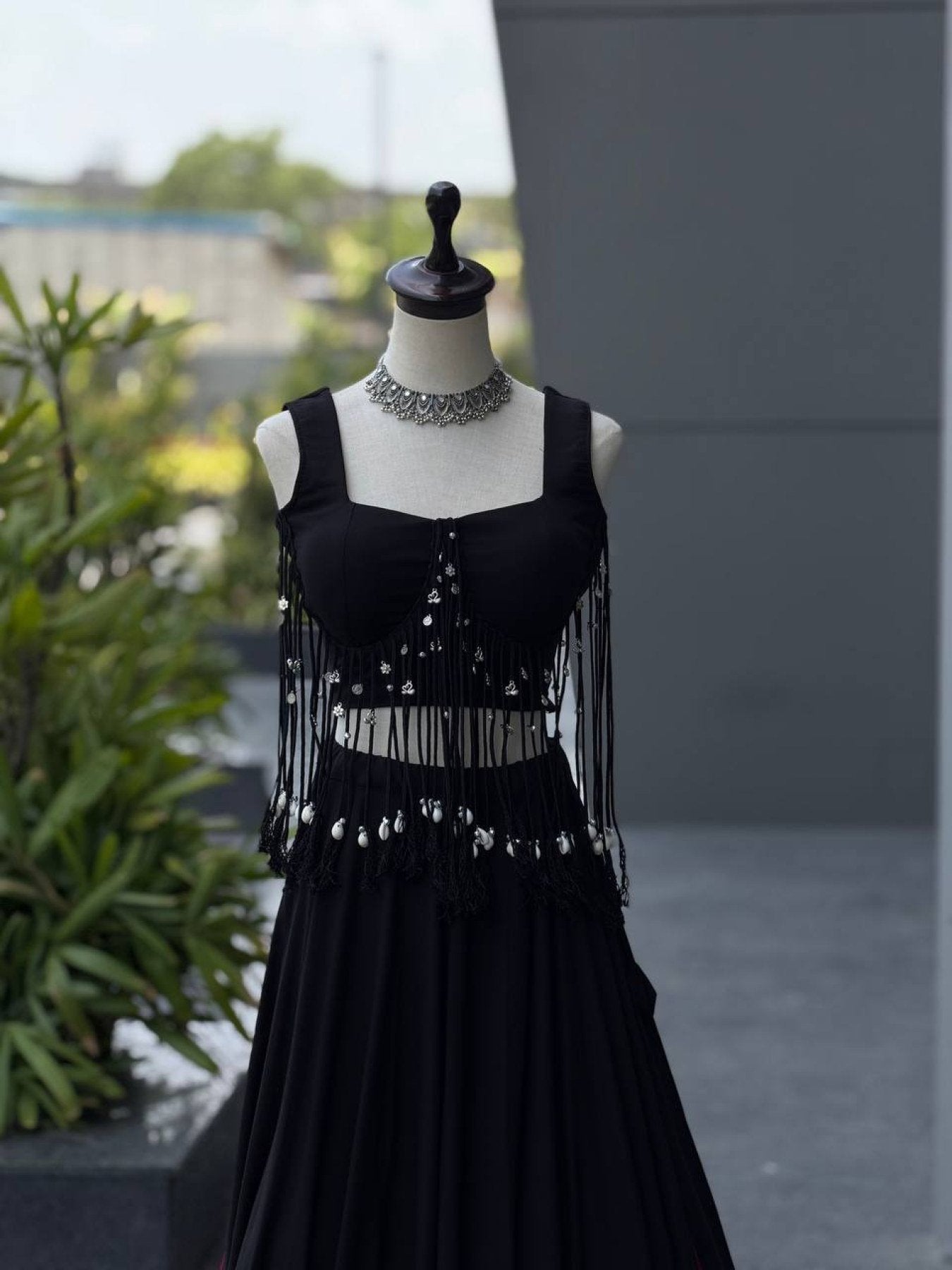 Black friendly Cotton Lehenga Choli with 8 Meter Flared Lehenga and Dori Blouse fabric texture detail