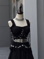 Black friendly Cotton Lehenga Choli with 8 Meter Flared Lehenga and Dori Blouse styling view