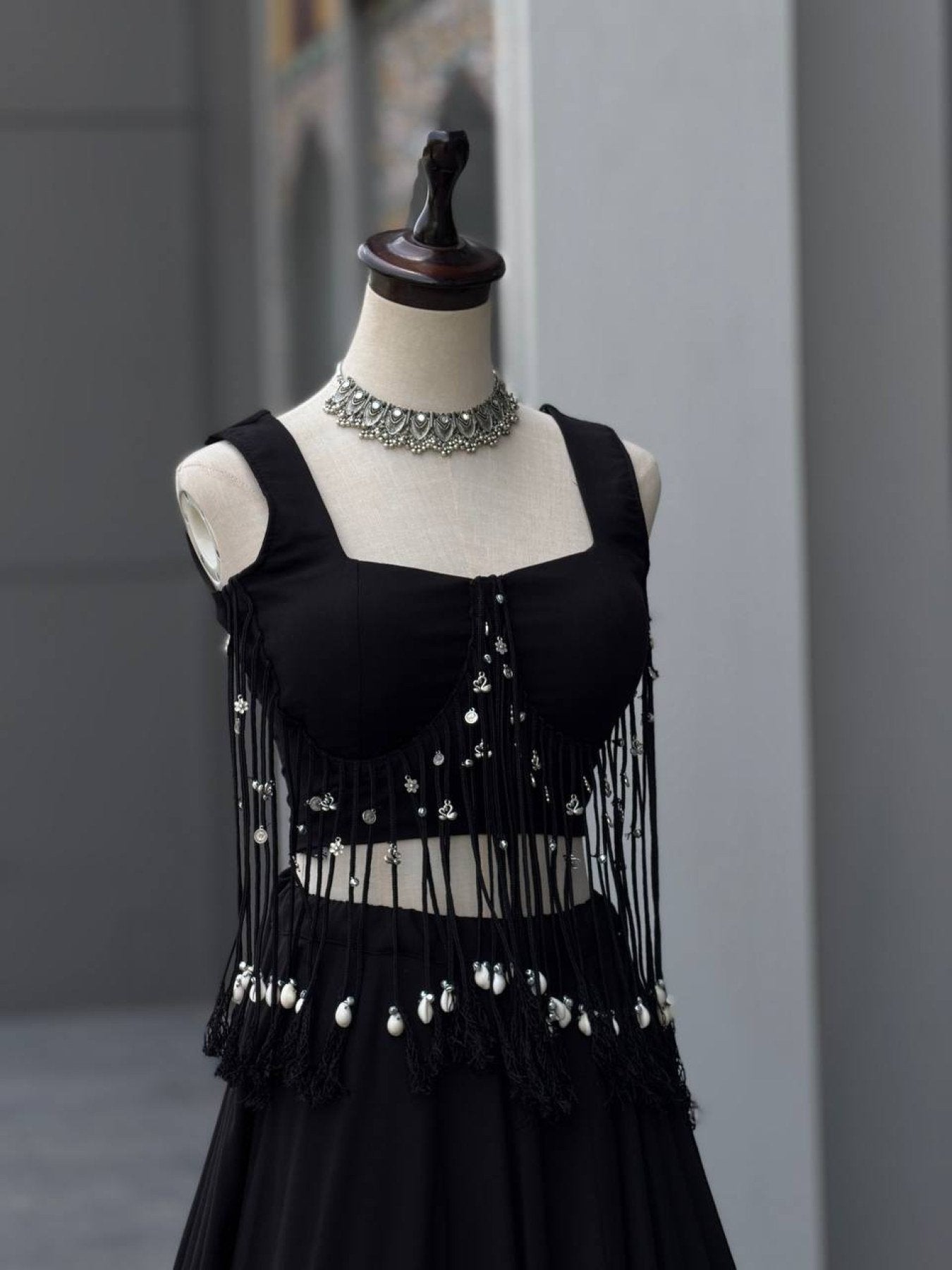 Black friendly Cotton Lehenga Choli with 8 Meter Flared Lehenga and Dori Blouse styling view