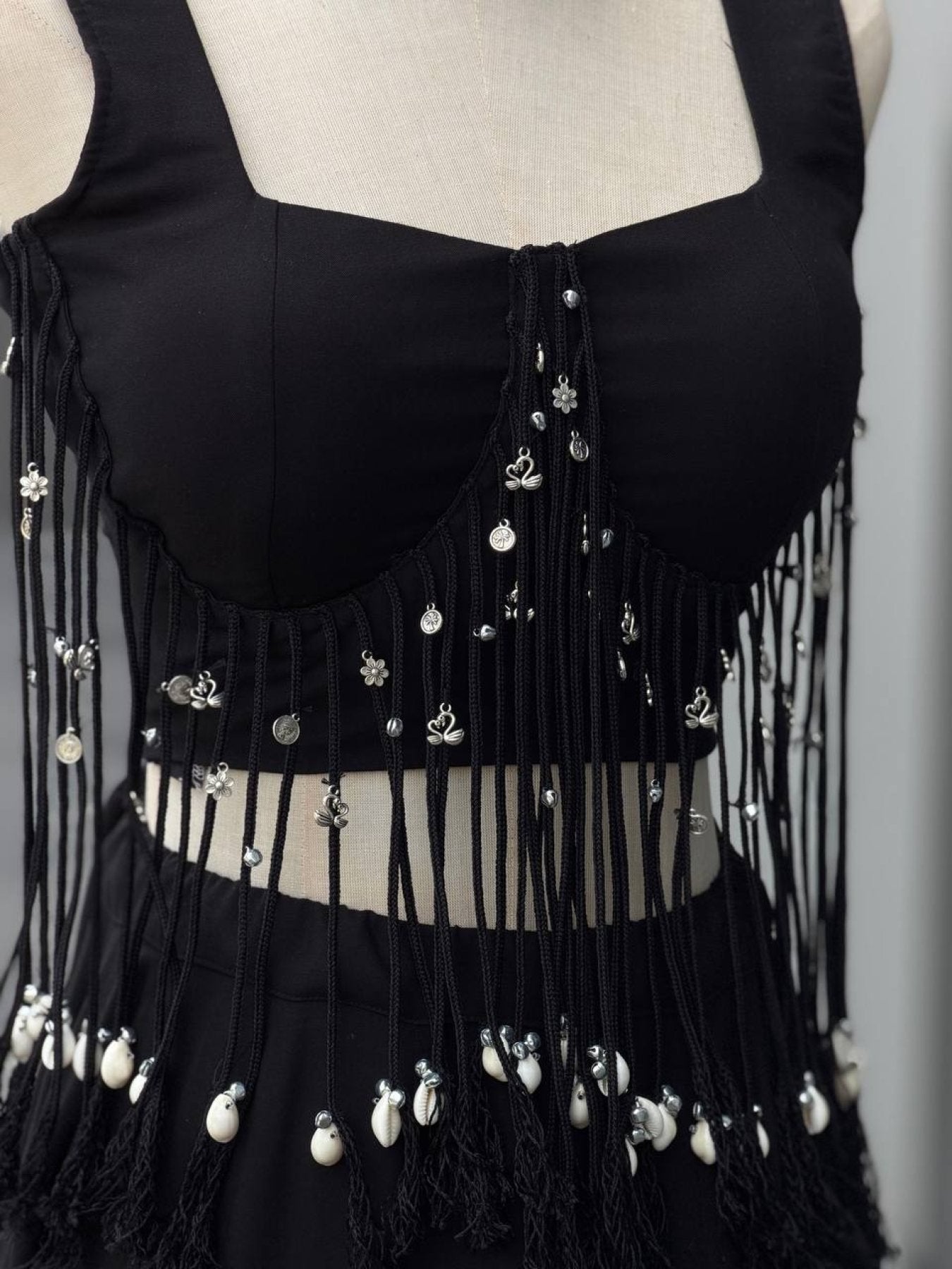 Black friendly Cotton Lehenga Choli with 8 Meter Flared Lehenga and Dori Blouse front view