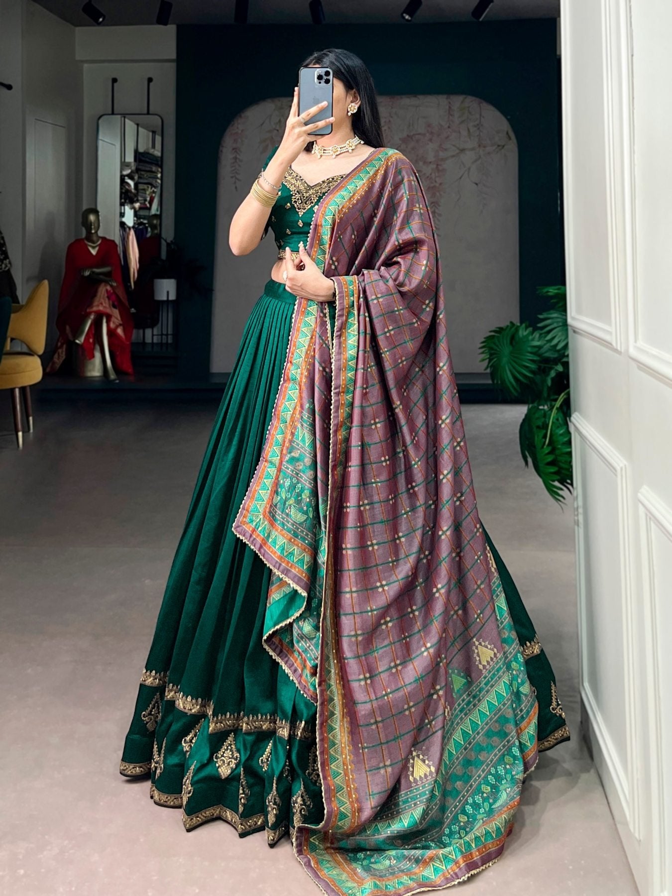 Vichitra Silk Lehenga Choli with Sequins Embroidery for Wedding Wear styling view