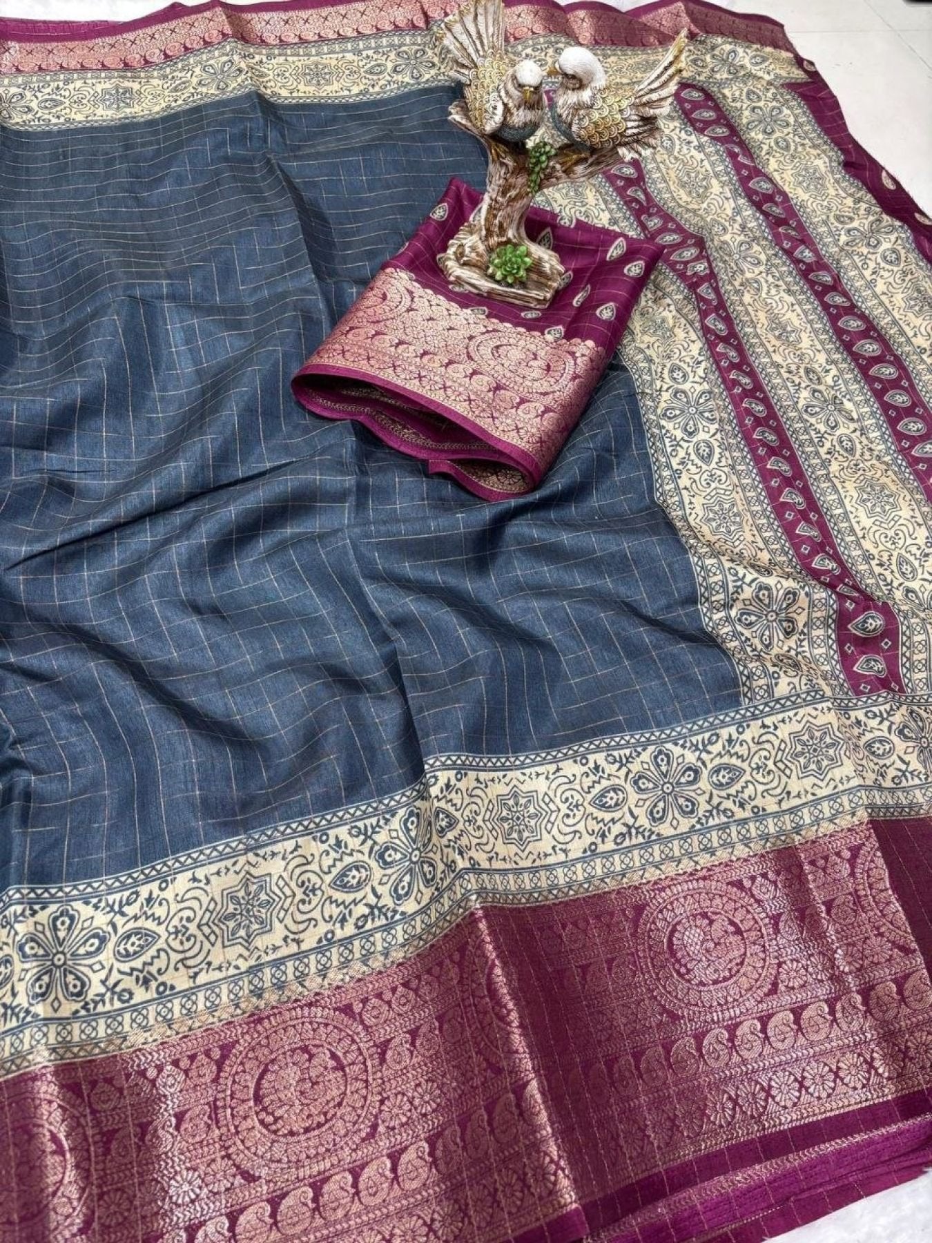 Blue Cotton Saree - drape and pallu detail