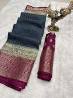 Blue Cotton Saree - side drape view