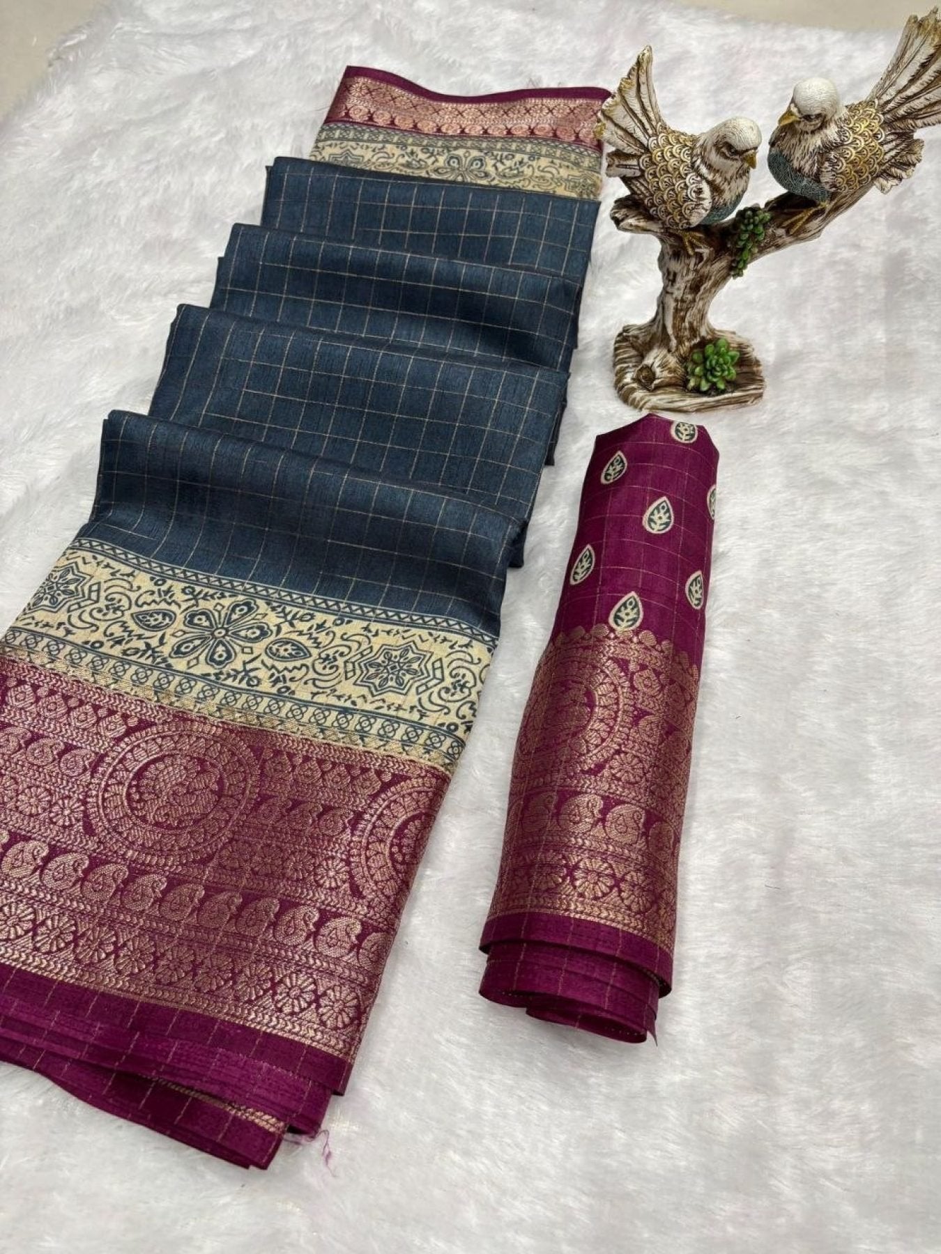 Blue Cotton Saree - side drape view