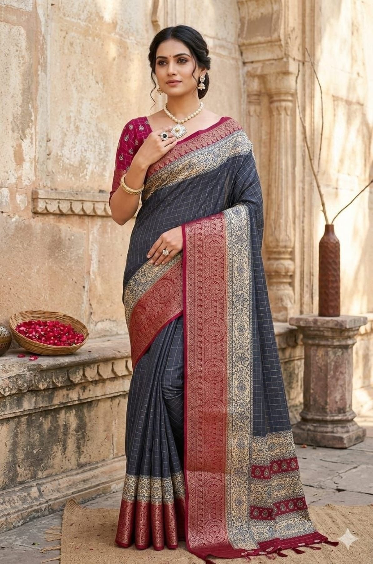 Blue Cotton Saree - blouse and border close-up