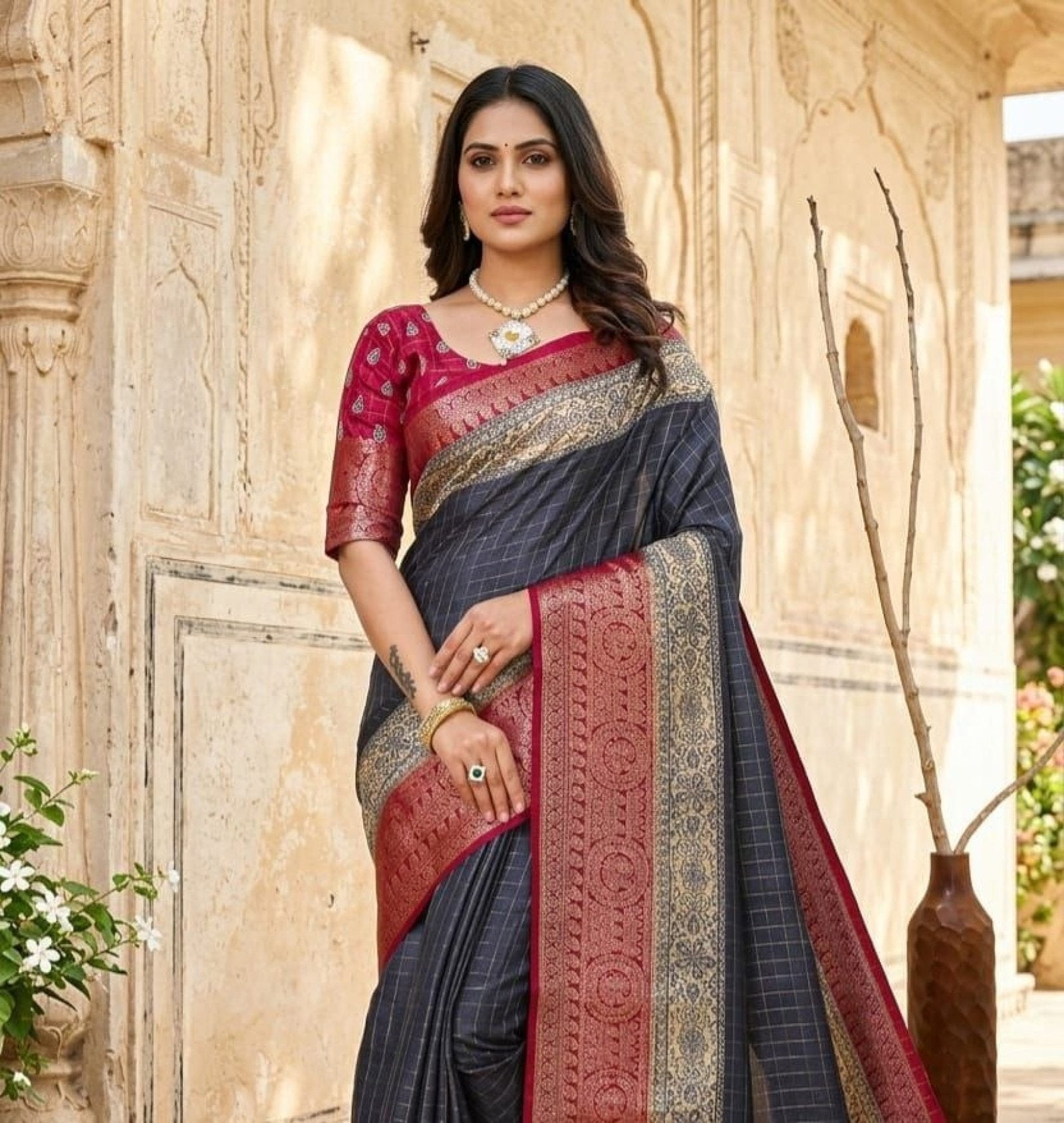 Blue Cotton Saree - fabric texture close-up