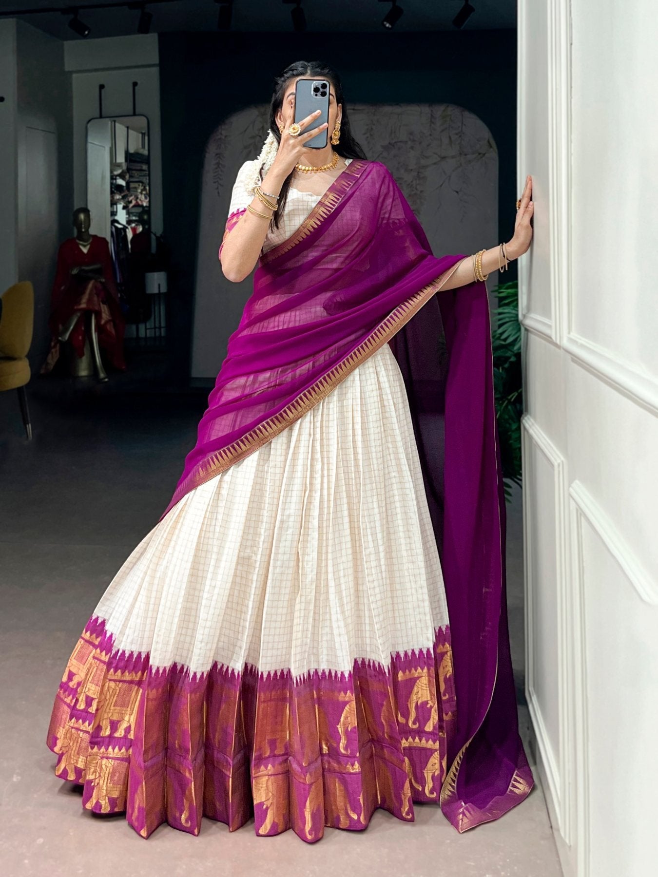 Poly Cotton Lehenga Choli with Traditional Zari Weaving for Festive Wear blouse and dupatta detail