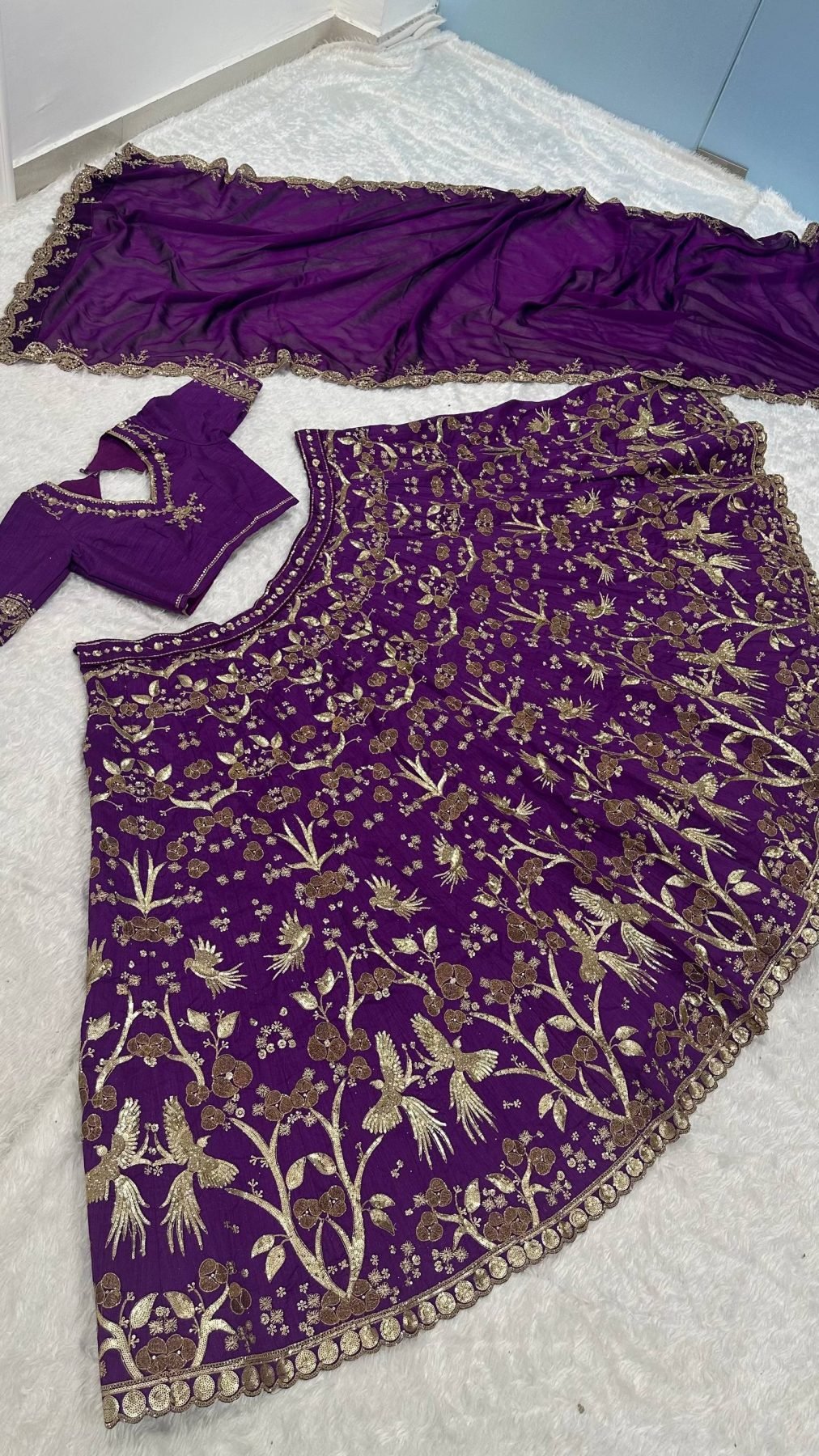 Purple Thai Silk Lehenga with Sequins Zari Work for Wedding Wear front view