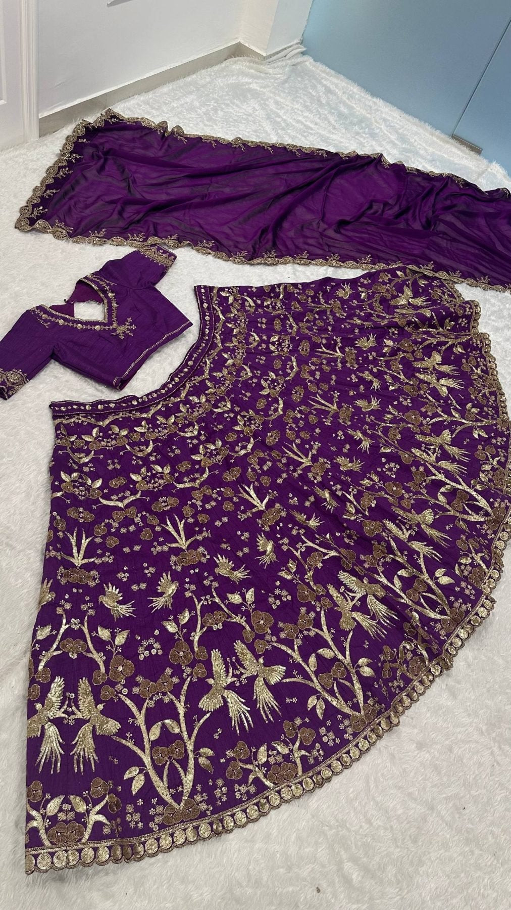 Purple Thai Silk Lehenga with Sequins Zari Work for Wedding Wear full drape view