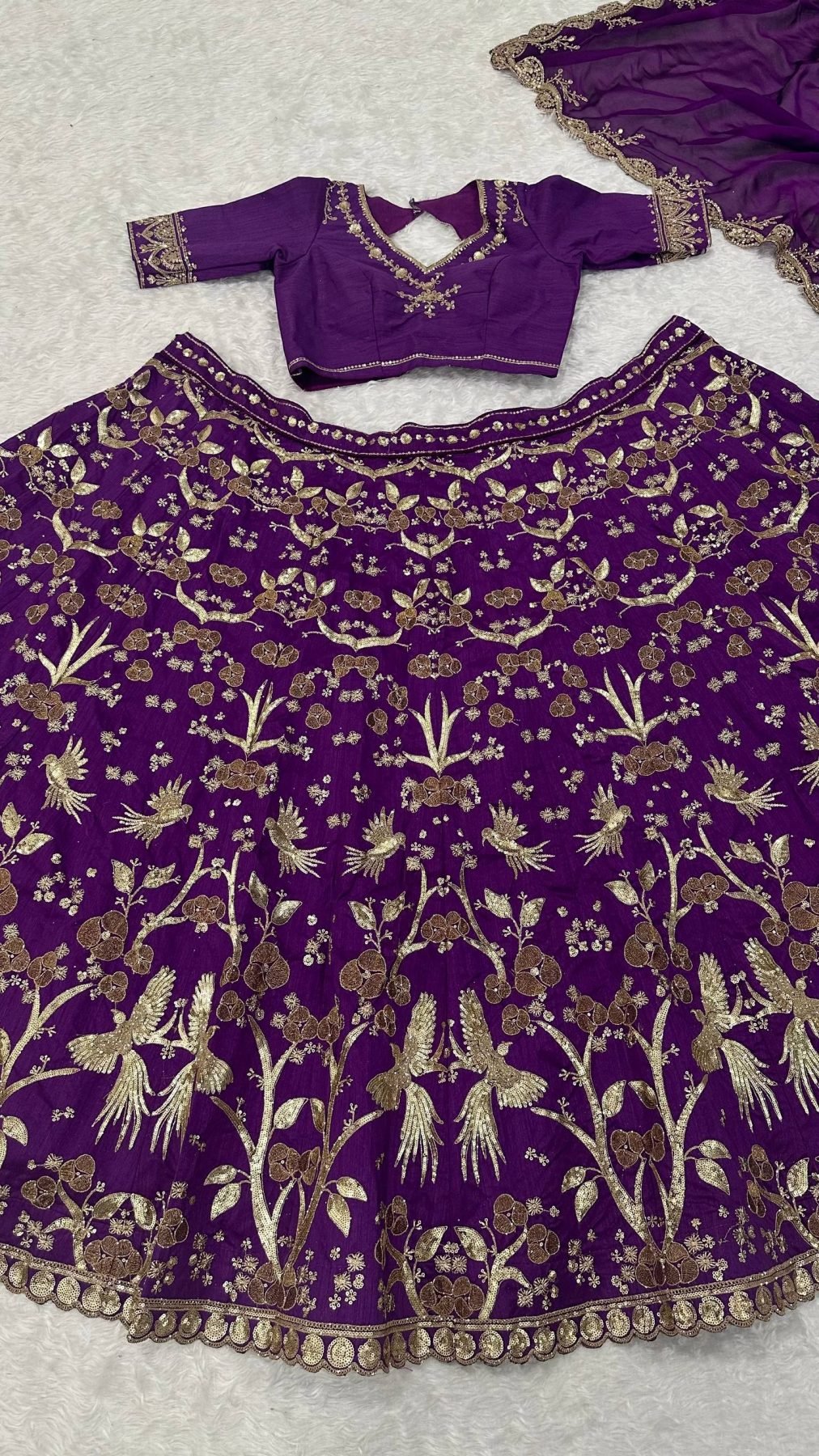 Purple Thai Silk Lehenga with Sequins Zari Work for Wedding Wear blouse and dupatta detail