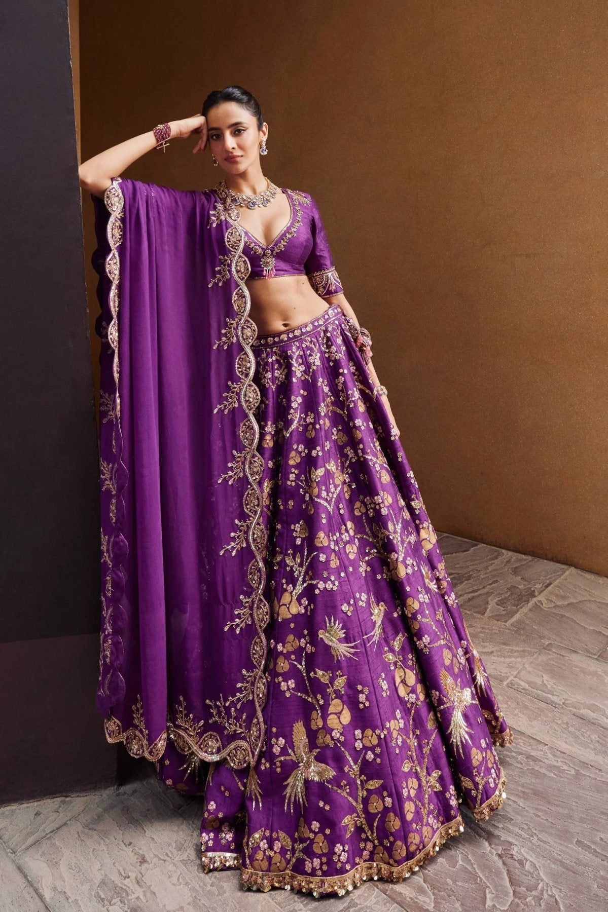 Purple Thai Silk Lehenga with Sequins Zari Work for Wedding Wear full drape view