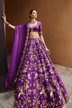Purple Thai Silk Lehenga with Sequins Zari Work for Wedding Wear blouse and dupatta detail