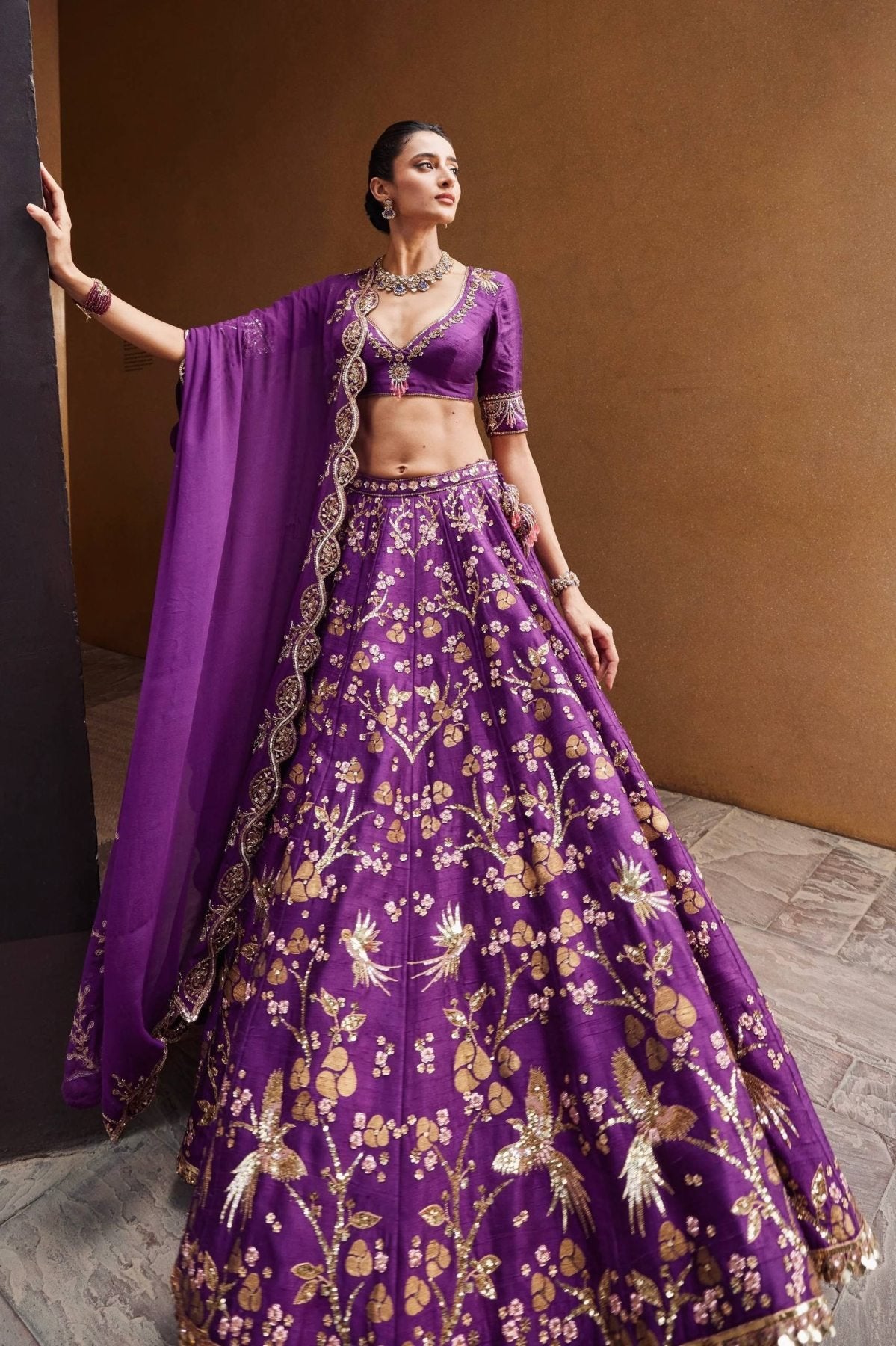 Purple Thai Silk Lehenga with Sequins Zari Work for Wedding Wear blouse and dupatta detail