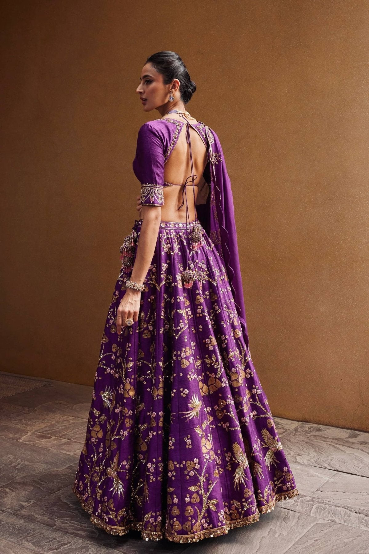 Purple Thai Silk Lehenga with Sequins Zari Work for Wedding Wear embroidery close-up