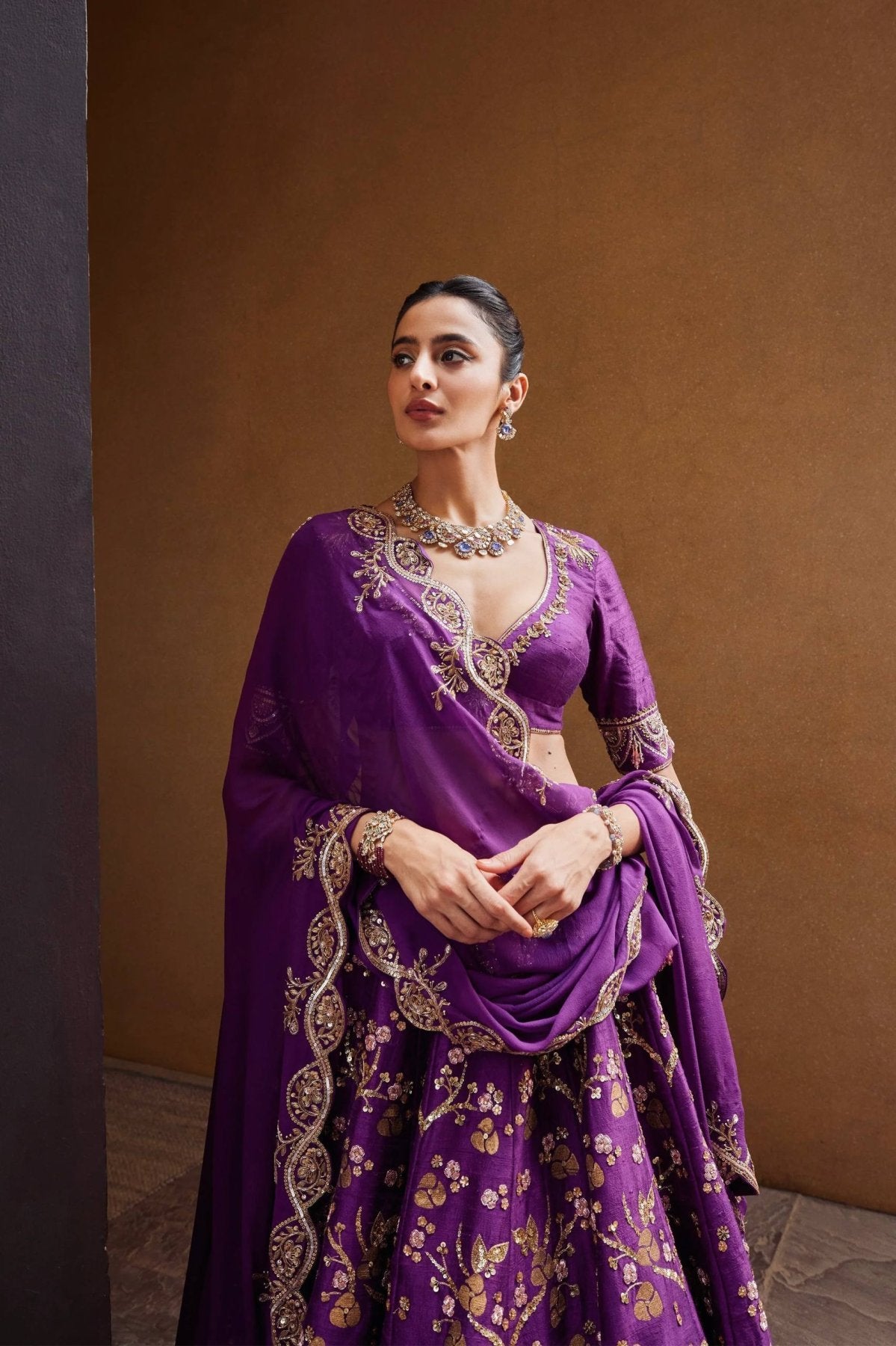 Purple Thai Silk Lehenga with Sequins Zari Work for Wedding Wear fabric texture detail