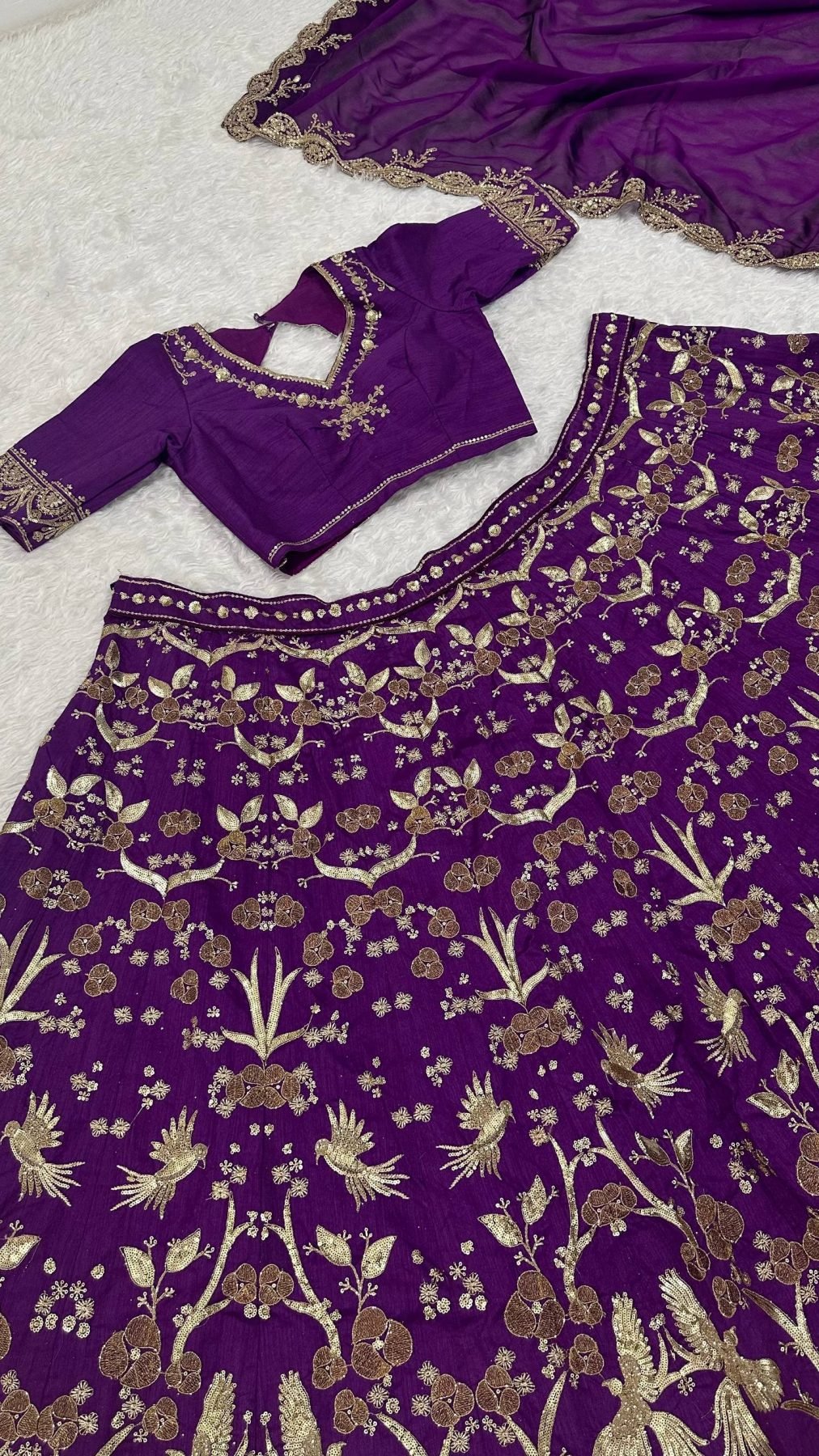 Purple Thai Silk Lehenga with Sequins Zari Work for Wedding Wear back view