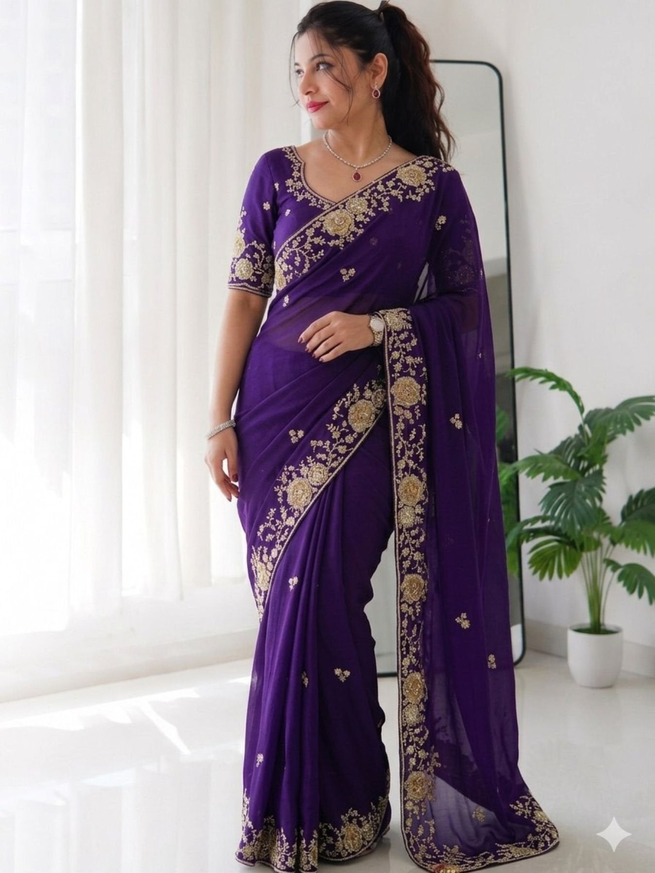 Purple Silk Saree for women - full front view | Snyvia
