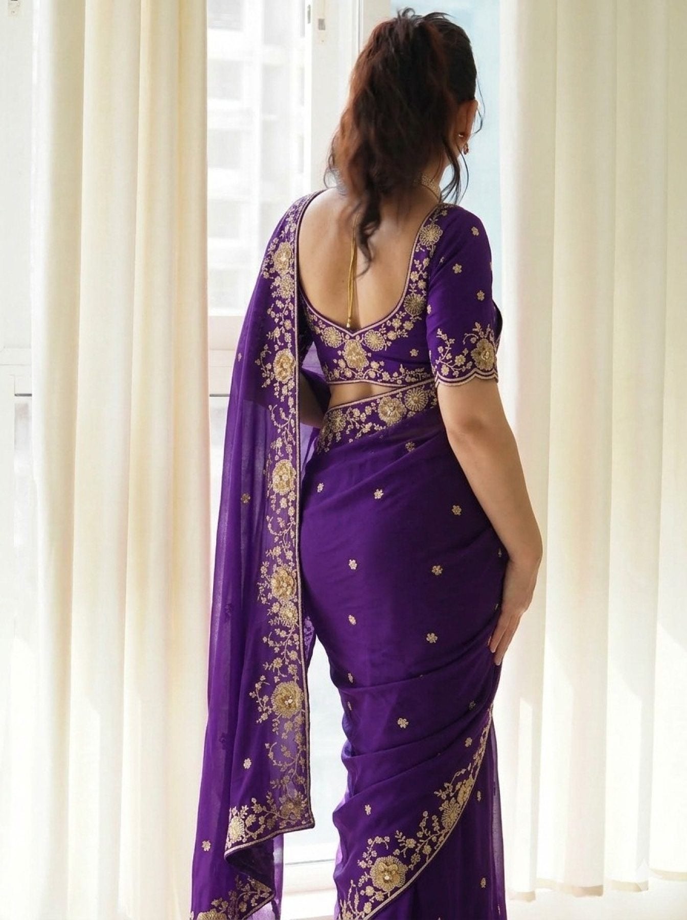 Purple Silk Saree - blouse and border close-up
