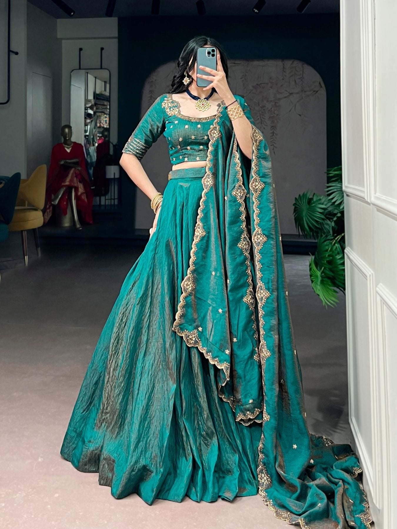 NC Silk Lehenga Choli Set with Sequins Embroidery Dupatta back view