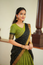 Green Kanjivaram Silk Lehenga Choli with Zari Weaving and Georgette Dupatta full drape view